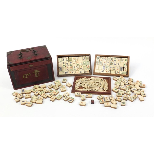 366 - Chinese bone and bamboo Mah-jong set with brass mounted hardwood chest,with booklet by J Jaques & So... 