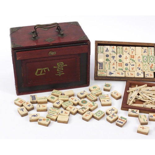 366 - Chinese bone and bamboo Mah-jong set with brass mounted hardwood chest,with booklet by J Jaques & So... 