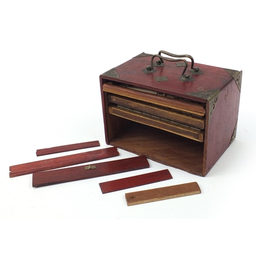 366 - Chinese bone and bamboo Mah-jong set with brass mounted hardwood chest,with booklet by J Jaques & So... 