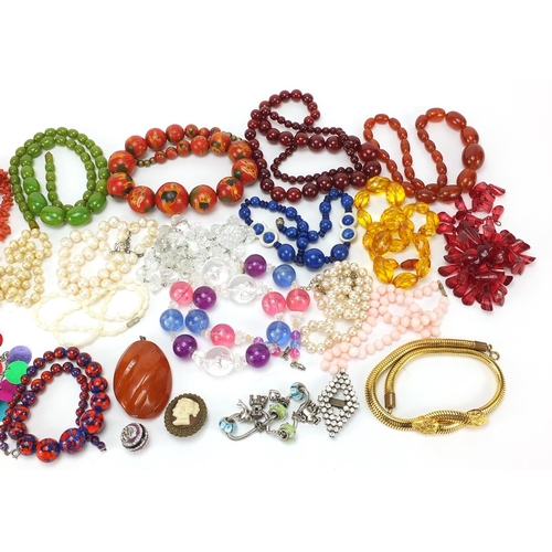 1391 - Vintage and later costume jewellery including amber coloured beads, millefiori glass beads, coral ne... 