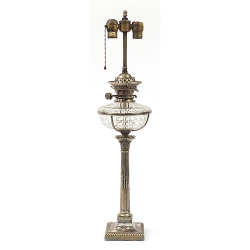 101 - Victorian Hinks No2 silver plated Corinthian column oil lamp with cut glass reservoir, 75cm high