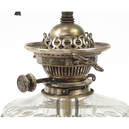 101 - Victorian Hinks No2 silver plated Corinthian column oil lamp with cut glass reservoir, 75cm high