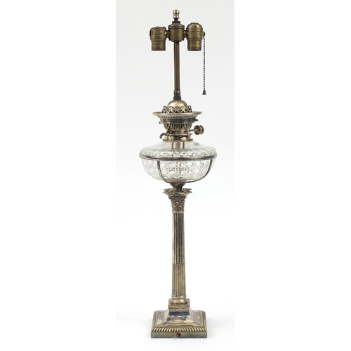 101 - Victorian Hinks No2 silver plated Corinthian column oil lamp with cut glass reservoir, 75cm high