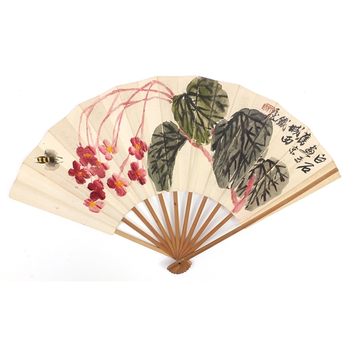 320 - Attributed to Qi Baishi - Bee and Malus Halliana, Chinese ink and watercolour fan, 46cm wide
