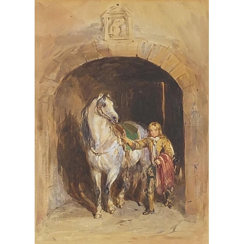 241A - Horse and soldier below an archway, heightened watercolour, remnants of paper label verso, mounted, ... 