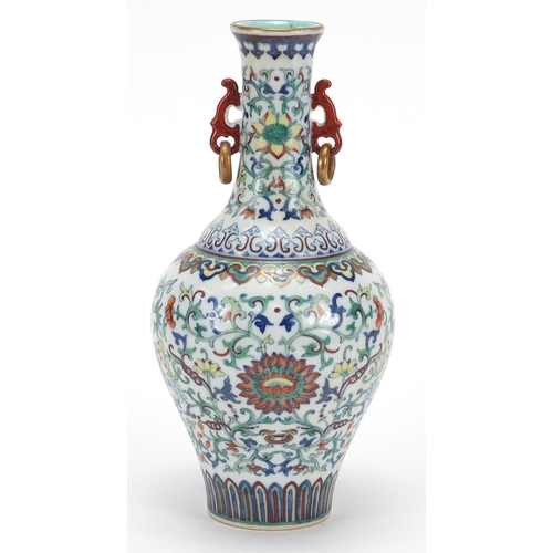 47 - Good Chinese doucai porcelain vase with iron red ring turned handles, finely hand painted with flowe... 