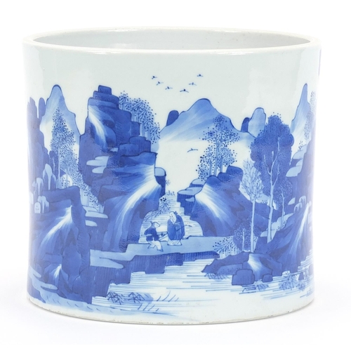 298 - Chinese blue and white porcelain brush pot hand painted with a continuous river landscape, 17cm high... 