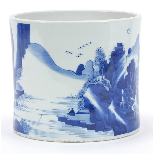 298 - Chinese blue and white porcelain brush pot hand painted with a continuous river landscape, 17cm high... 