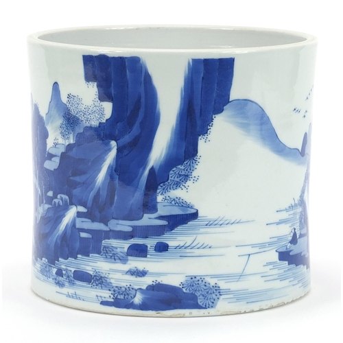 298 - Chinese blue and white porcelain brush pot hand painted with a continuous river landscape, 17cm high... 