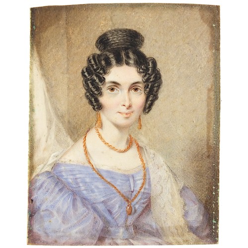 61 - 19th century rectangular hand painted portrait miniature of a female wearing a blue dress, 10cm x 7.... 