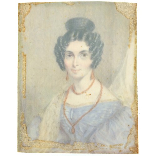 61 - 19th century rectangular hand painted portrait miniature of a female wearing a blue dress, 10cm x 7.... 