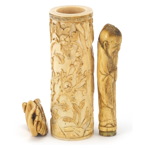 88 - Chinese ivory and bone carvings including a tusk section carved with a figure amongst flowers and a ... 