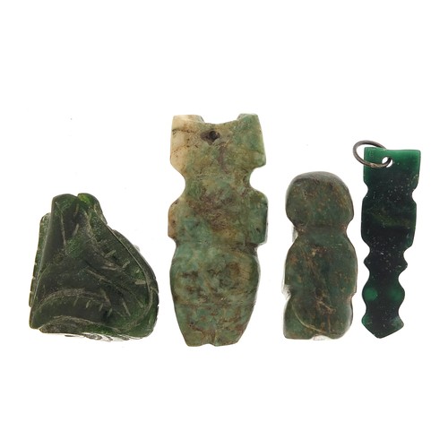 109 - Four antique green stone carvings including a Hei-tiki style pendant, the largest 5.5cm high