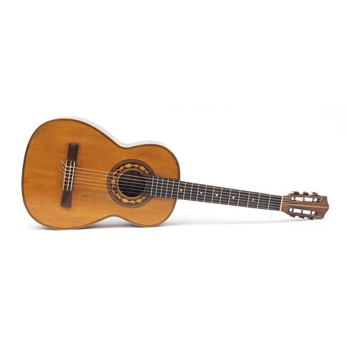 413 - Spanish inlaid wooden acoustic guitar with Telesforo Julve paper label and protective case