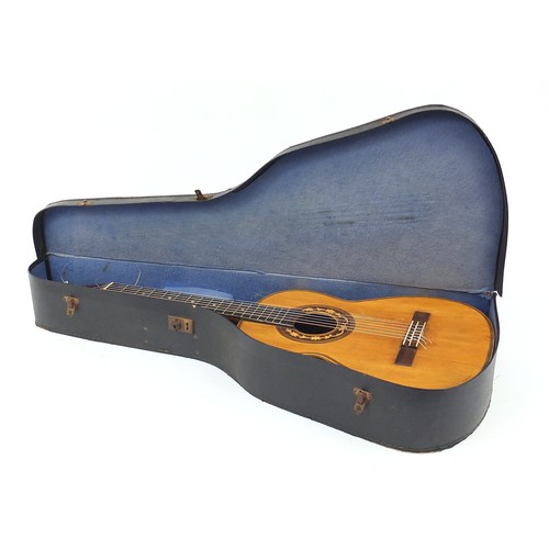 413 - Spanish inlaid wooden acoustic guitar with Telesforo Julve paper label and protective case