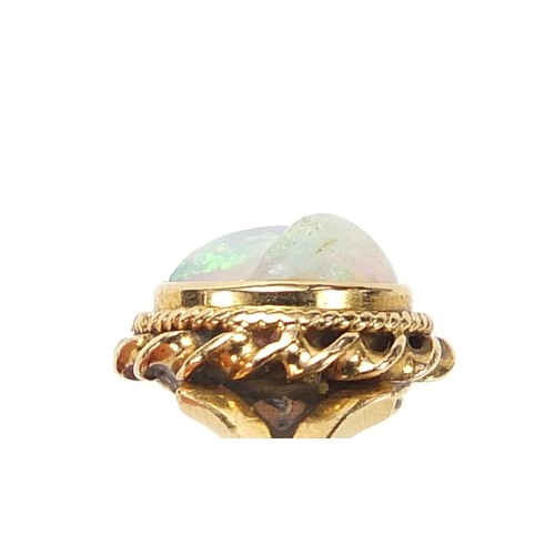 1622 - 18ct gold cabochon opal ring with ornate setting, size L, 3.1g