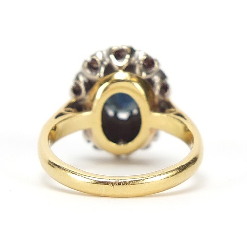1627 - 18ct gold sapphire and diamond ring, the sapphire approximately 6.5mm x 5mm, size F, 3.9g