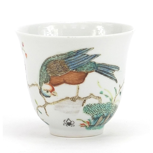 295 - Good Chinese porcelain tea cup, finely hand painted in the famille rose palette with birds amongst f... 