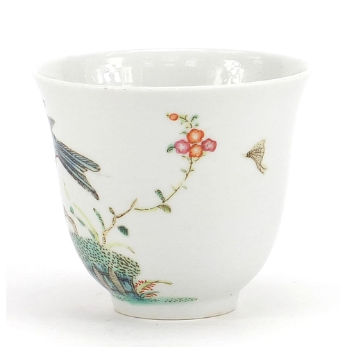 295 - Good Chinese porcelain tea cup, finely hand painted in the famille rose palette with birds amongst f... 