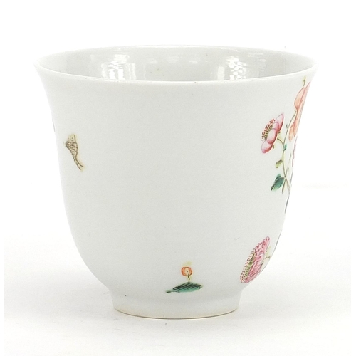 295 - Good Chinese porcelain tea cup, finely hand painted in the famille rose palette with birds amongst f... 