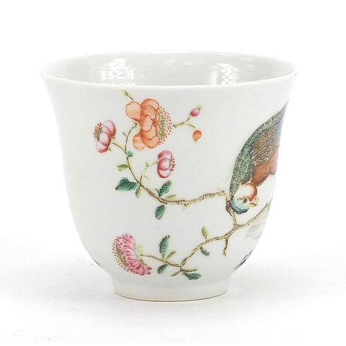 295 - Good Chinese porcelain tea cup, finely hand painted in the famille rose palette with birds amongst f... 