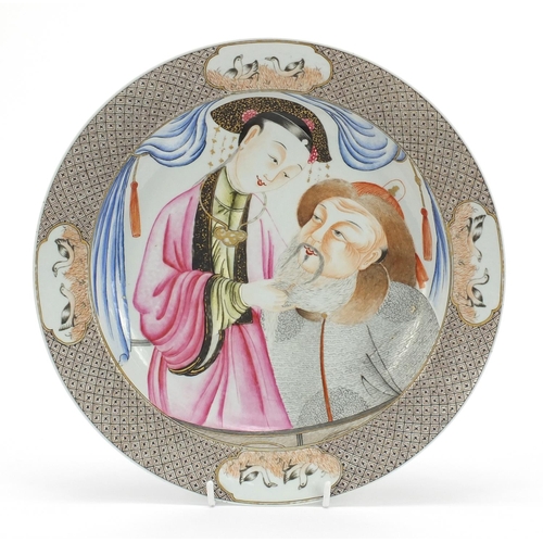 293 - Good Chinese porcelain shallow bowl finely hand painted in the European style with two figures and d... 