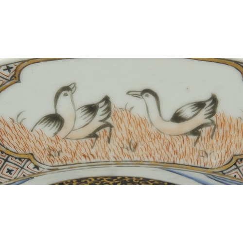 293 - Good Chinese porcelain shallow bowl finely hand painted in the European style with two figures and d... 
