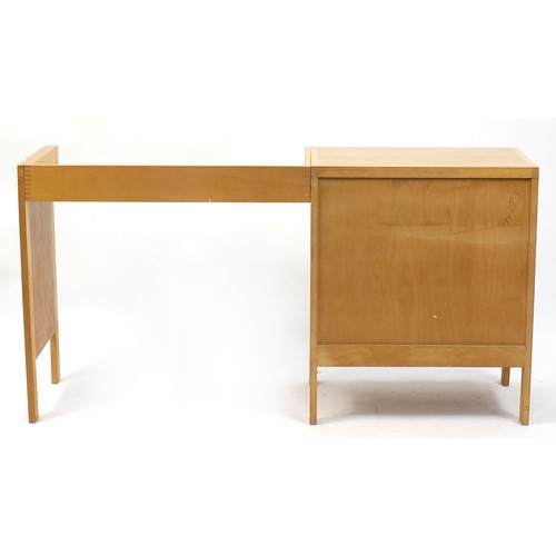 1477 - Gordon Russell, light wood desk with three drawers, 79cm H x 146cm W x 43cm D