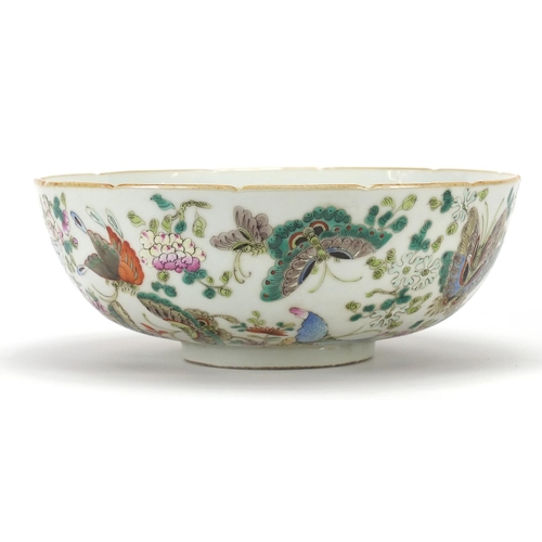 794 - Chinese porcelain bowl hand painted with butterflies, red character marks and label to the base, 22c... 