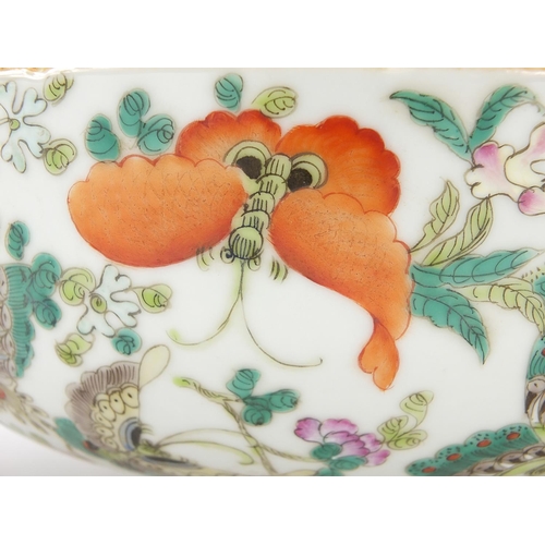 794 - Chinese porcelain bowl hand painted with butterflies, red character marks and label to the base, 22c... 