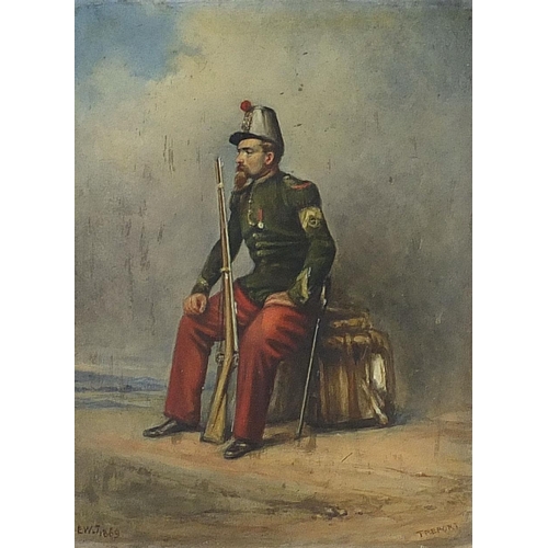 145 - E W James 1869 - French soldier at Treport, 19th century military interest oil, inscribed verso, mou... 