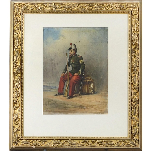 145 - E W James 1869 - French soldier at Treport, 19th century military interest oil, inscribed verso, mou... 