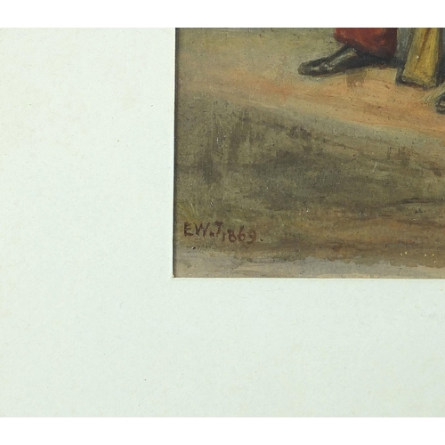 145 - E W James 1869 - French soldier at Treport, 19th century military interest oil, inscribed verso, mou... 