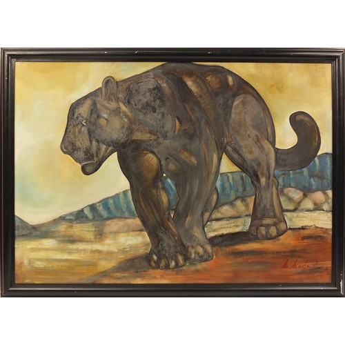 95 - Black panther before a landscape, oil on board, framed, 121cm x 84cm excluding the frame