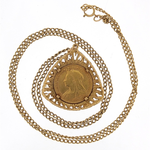 13 - Victorian 1896 gold half sovereign with 9ct gold pendant mount and 9ct gold necklace, 3.5cm high and... 
