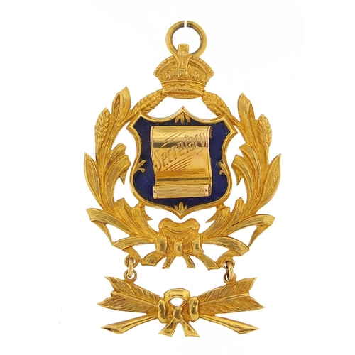 19 - 9ct gold and enamel Secretary jewel awarded to Primo J E Morgan by The Sir John Weekes Lodge, 5.5cm ... 