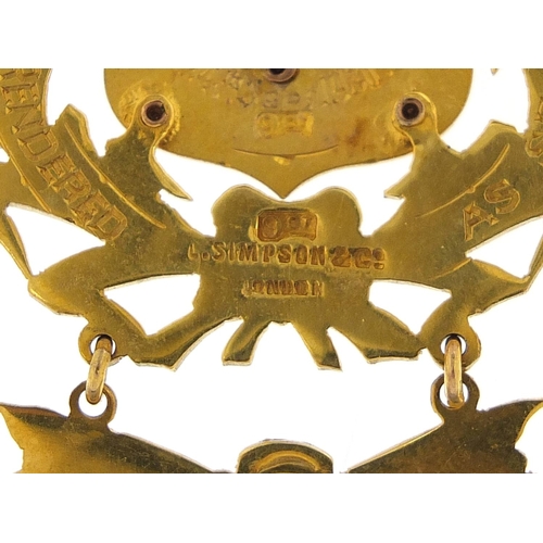 19 - 9ct gold and enamel Secretary jewel awarded to Primo J E Morgan by The Sir John Weekes Lodge, 5.5cm ... 