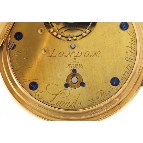 38 - Barraud & Lunds, gentlemen's 18ct gold open face pocket watch, the movement numbered 3/5022, the cas... 