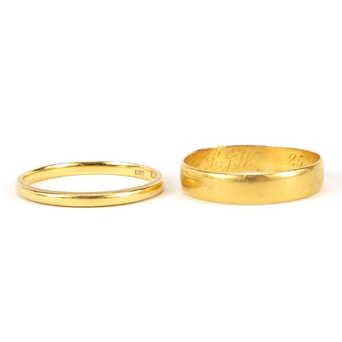 46 - Two 22ct gold wedding bands, sizes L and M, 3.5g - this lot is sold without buyer’s premium, the ham... 