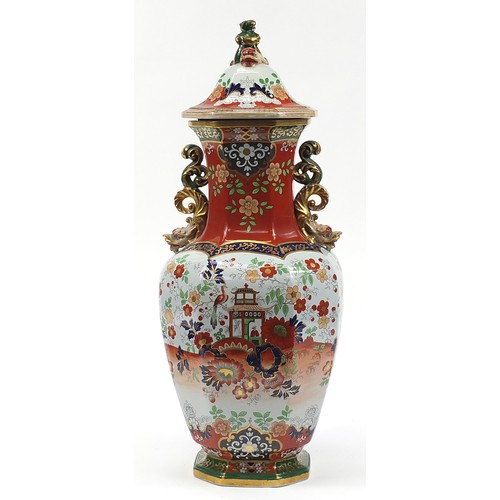 75A - Large Victorian Mason's design ironstone vase and cover, decorated in the chinoiserie manner, 78cm h... 