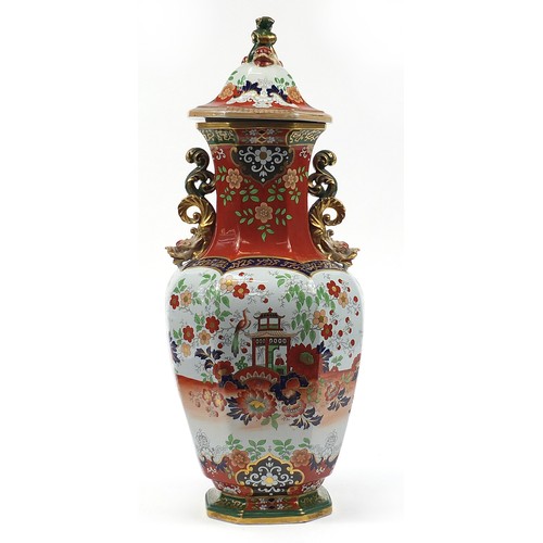 75A - Large Victorian Mason's design ironstone vase and cover, decorated in the chinoiserie manner, 78cm h... 