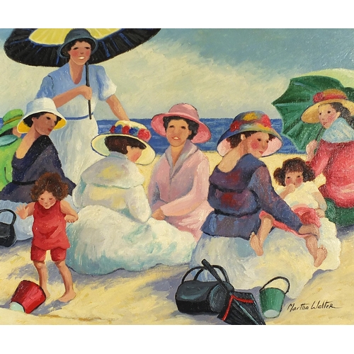 433 - After Martha Walter - Females and children on a beach, American school oil on board, mounted and fra... 