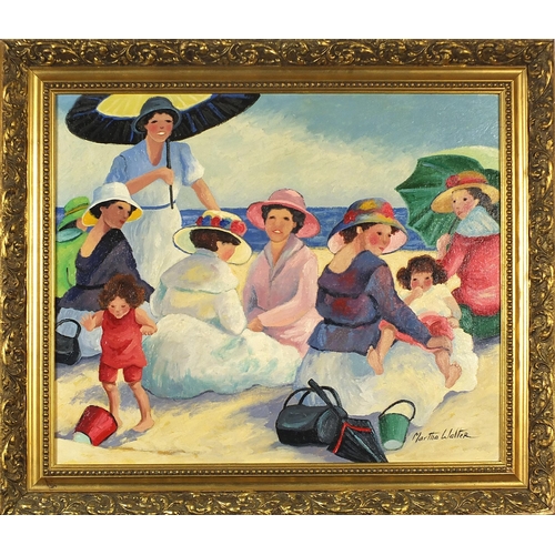 433 - After Martha Walter - Females and children on a beach, American school oil on board, mounted and fra... 