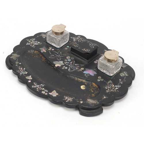 411 - Victorian papier mache tray with abalone inlay and two silver mounted cut glass inkwells, 30.5cm wid... 