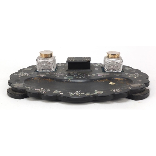 411 - Victorian papier mache tray with abalone inlay and two silver mounted cut glass inkwells, 30.5cm wid... 