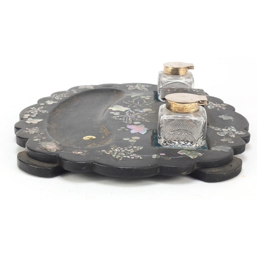 411 - Victorian papier mache tray with abalone inlay and two silver mounted cut glass inkwells, 30.5cm wid... 