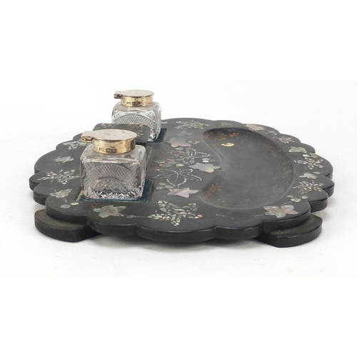 411 - Victorian papier mache tray with abalone inlay and two silver mounted cut glass inkwells, 30.5cm wid... 