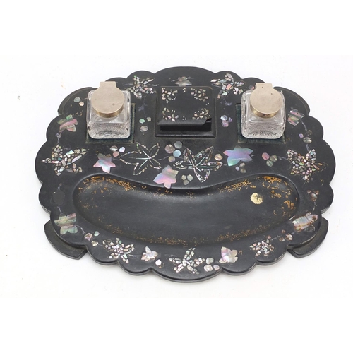 411 - Victorian papier mache tray with abalone inlay and two silver mounted cut glass inkwells, 30.5cm wid... 