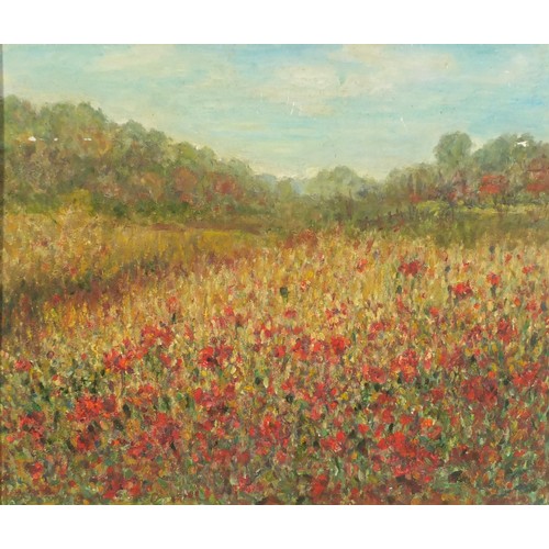 206 - Field with poppies, Impressionist oil on board, bearing an inscription Strang verso, mounted and fra... 