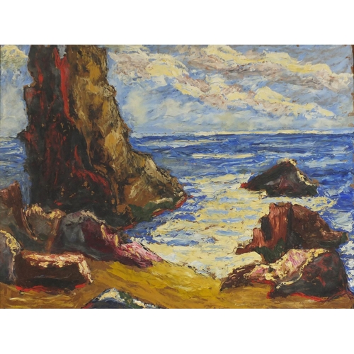 100 - Rocky coastal scene, Expressionist oil on board, mounted and framed, 59cm x 44cm excluding the mount... 